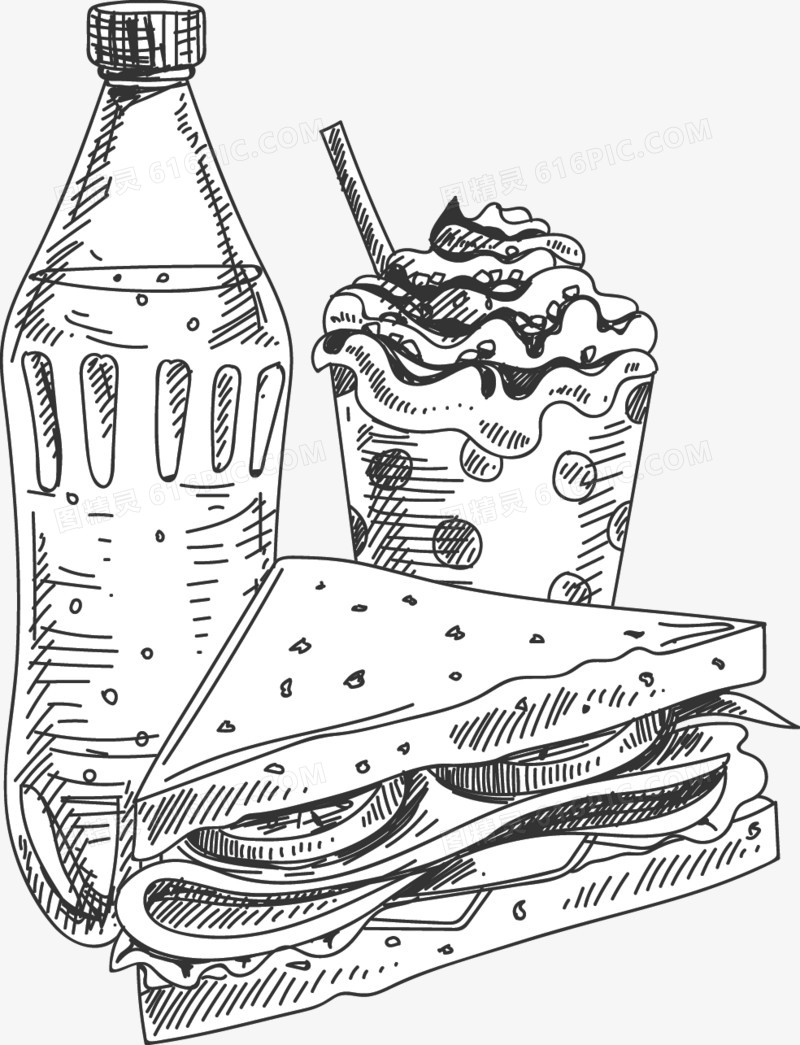 手绘快餐食物三明治可乐线稿