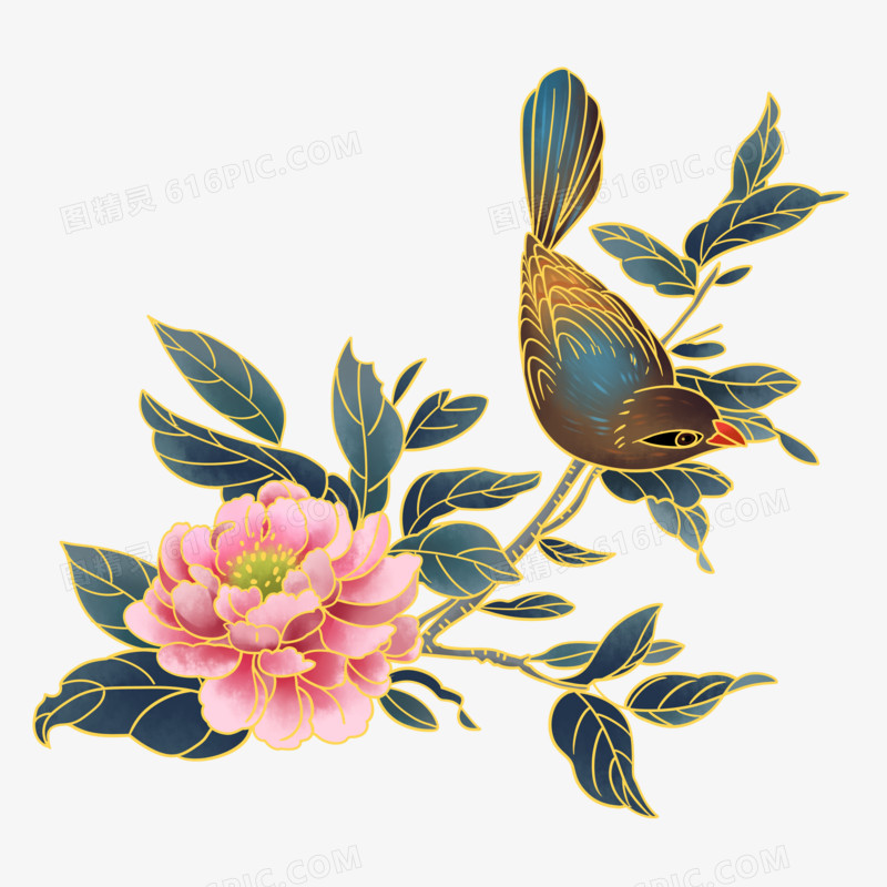 手绘国潮白描牡丹花与鸟元素