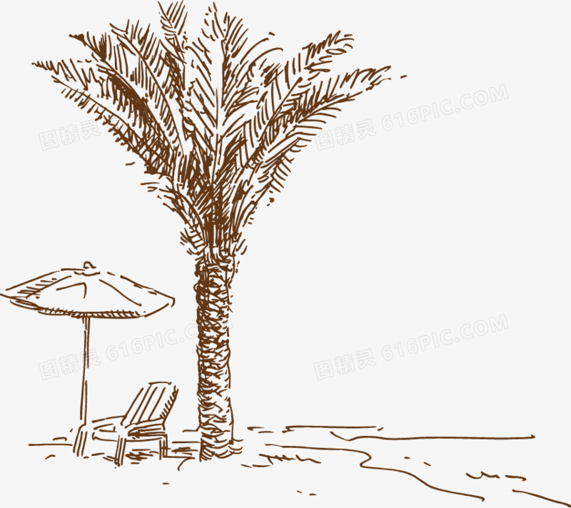 夏季海滩手绘线稿素材矢量素材