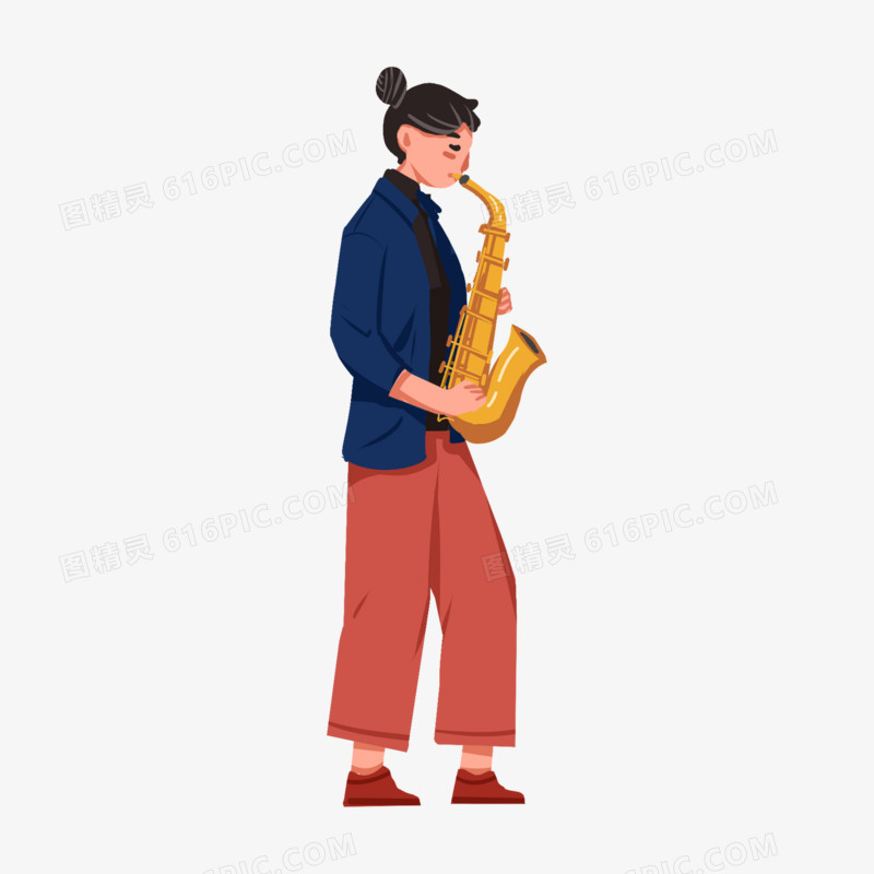 卡通手绘女生吹萨克斯乐器免抠元素