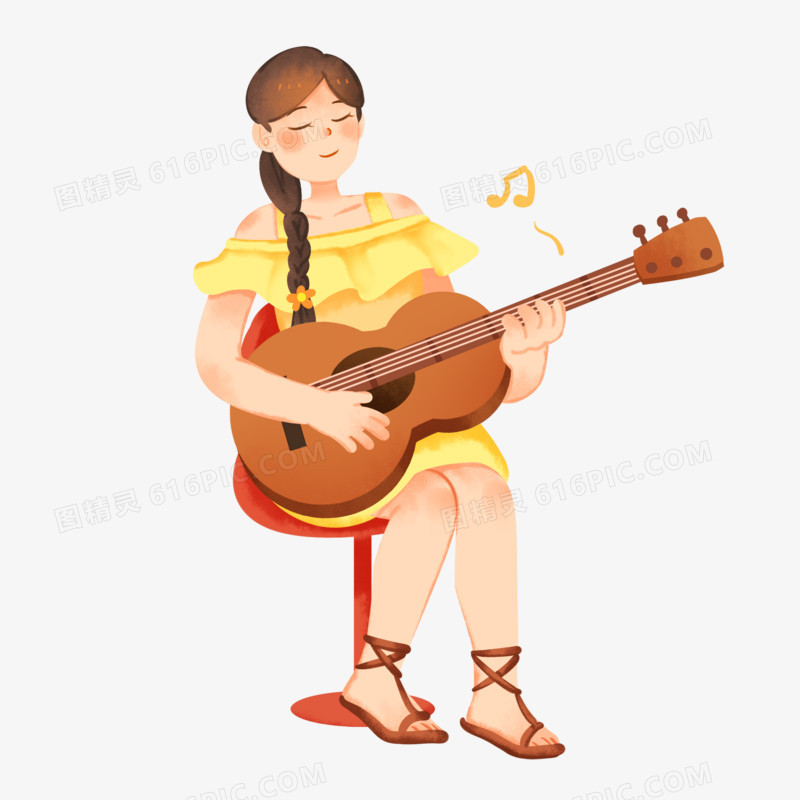 卡通手绘弹吉他的女孩子免抠元素