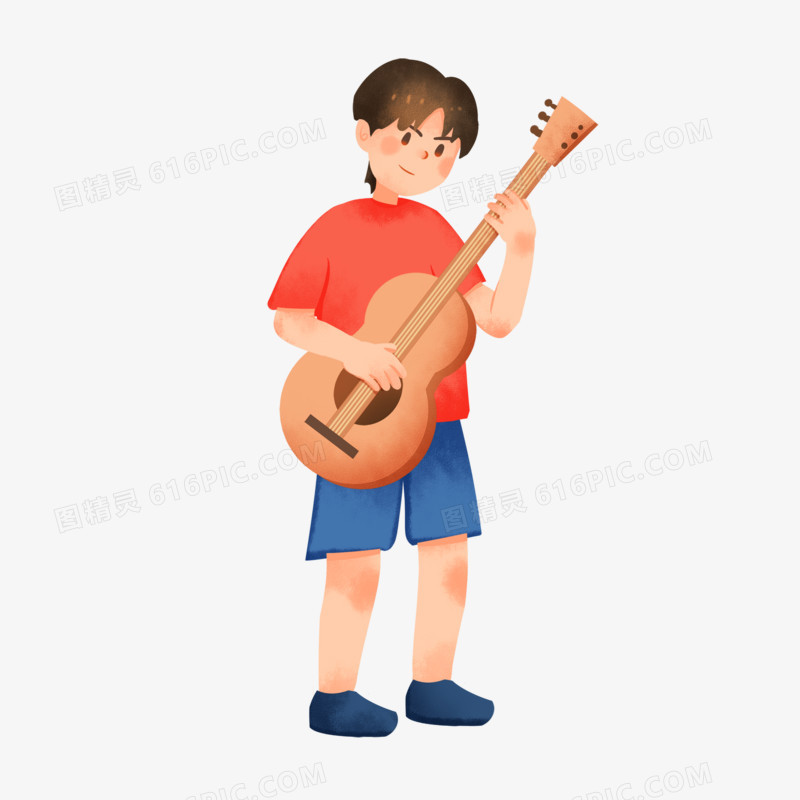 卡通手绘弹吉他的男孩免抠元素