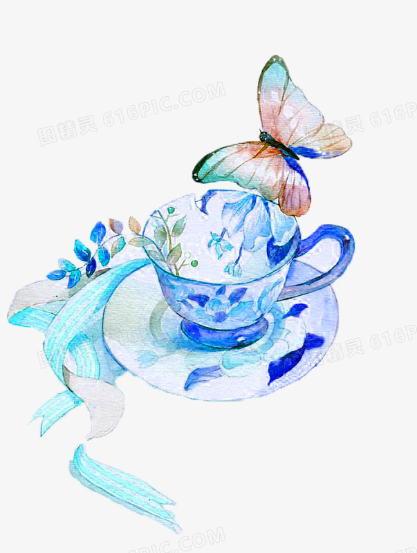蓝色花纹手绘茶杯蝴蝶装饰图案
