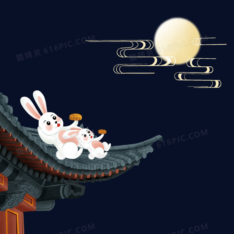 手绘创意在屋顶上吃月饼赏月的兔子免抠元素