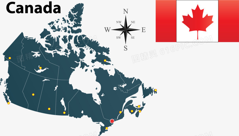 加拿大矢量地图国旗指南针