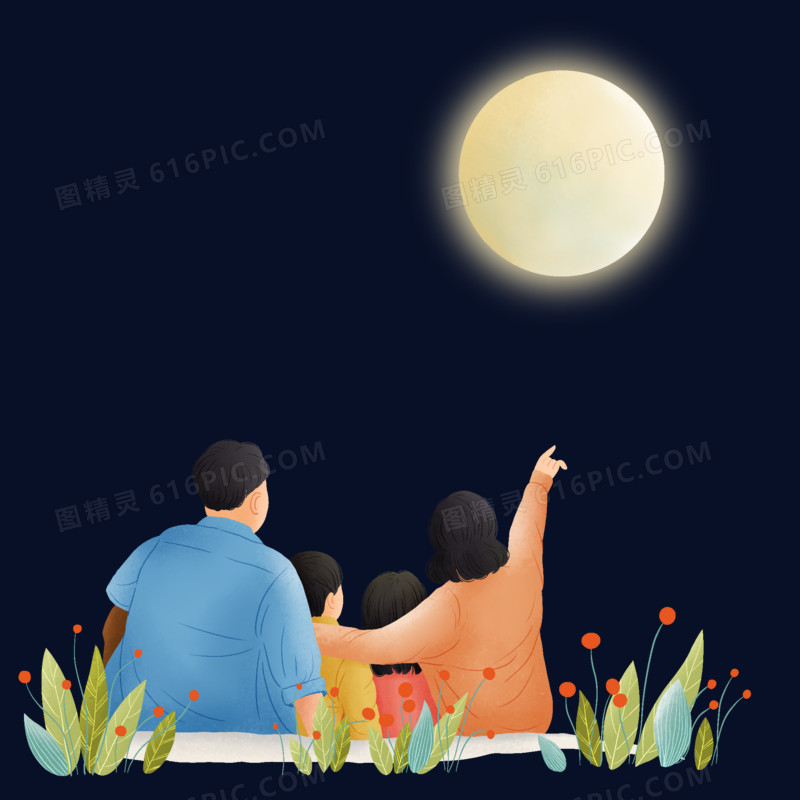 卡通手绘一家人在草地上赏月场景素材