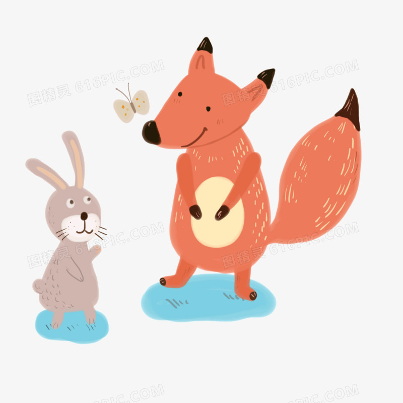 手绘原创可爱狐狸和兔子免抠元素