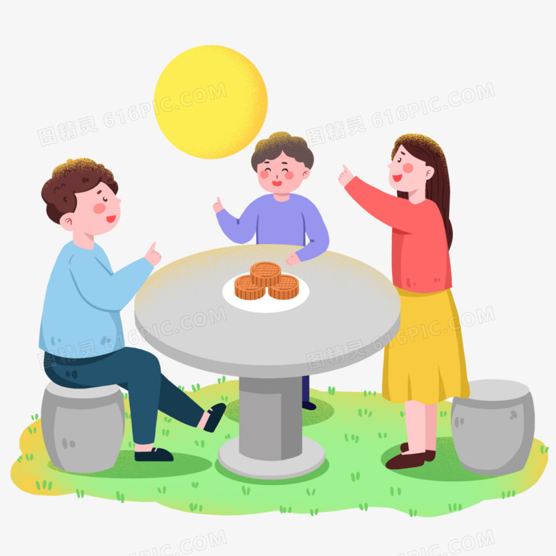 卡通手绘一家三口赏月免抠元素