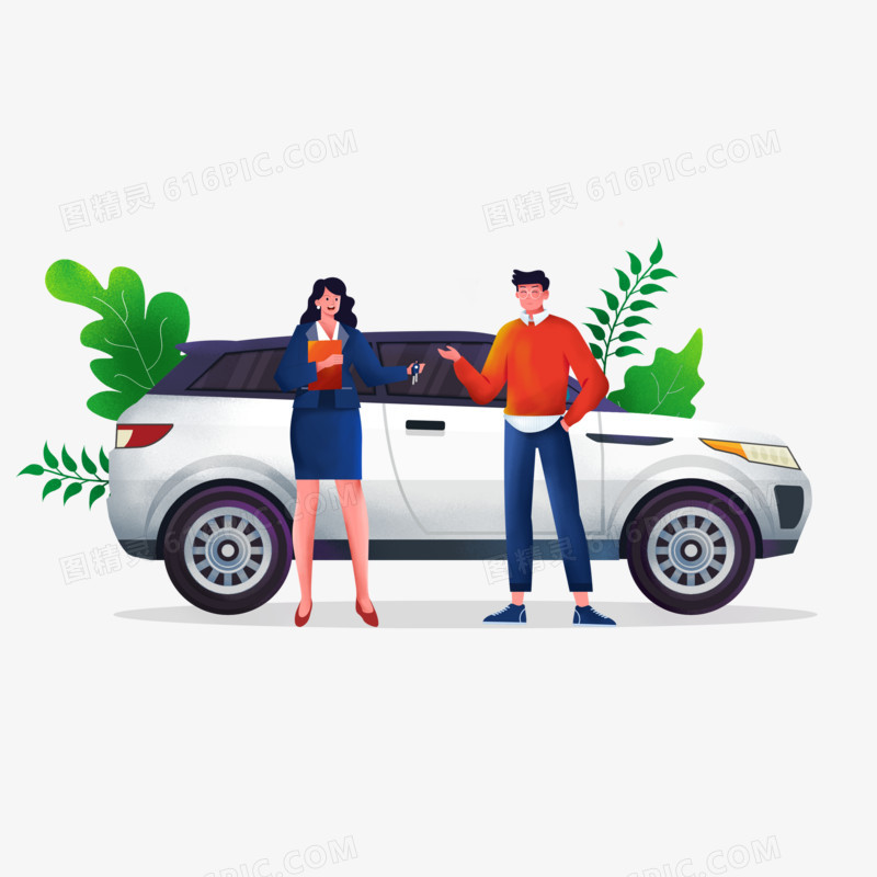 手绘卡通汽车销售场景元素