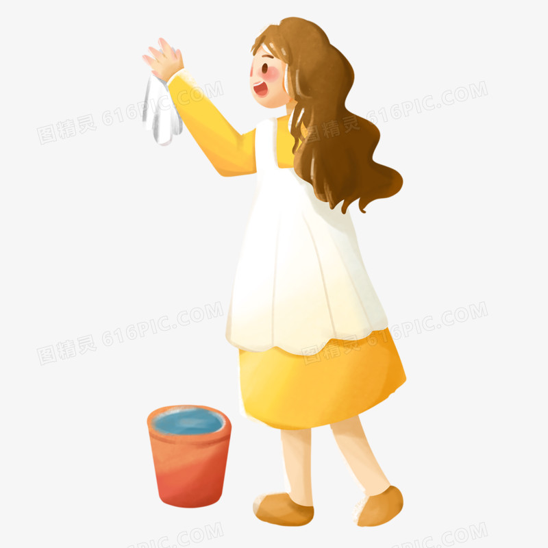 手绘卡通女生做家务打扫免抠元素
