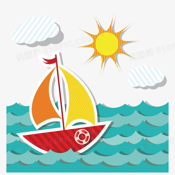 卡通图案 航海 帆船 太阳  海浪