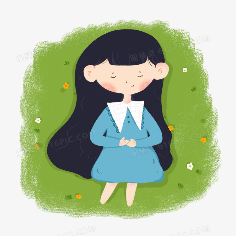 卡通可爱女孩躺在草地元素