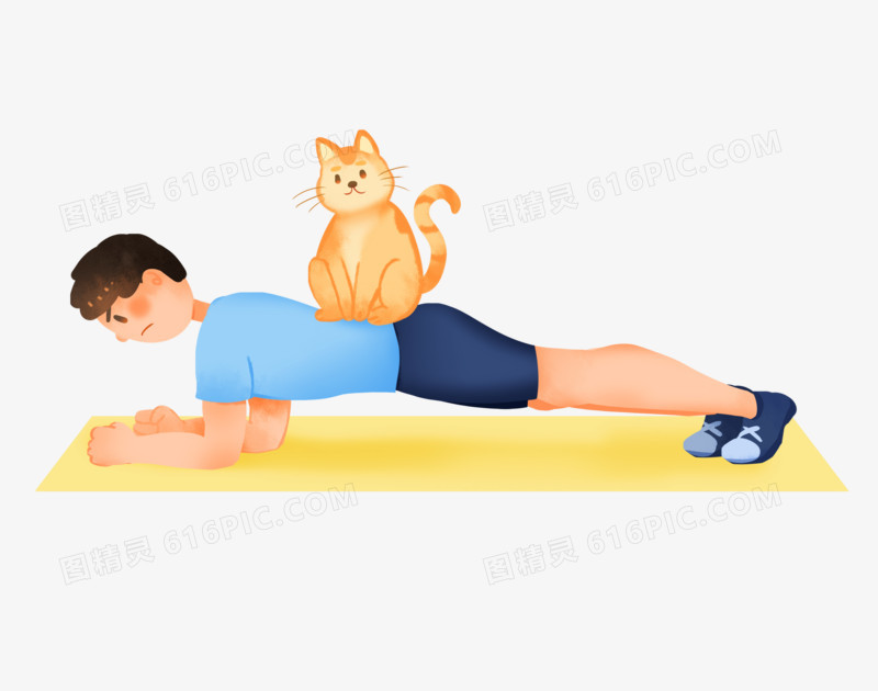 手绘卡通猫咪坐在做俯卧撑的男生身上免抠素材