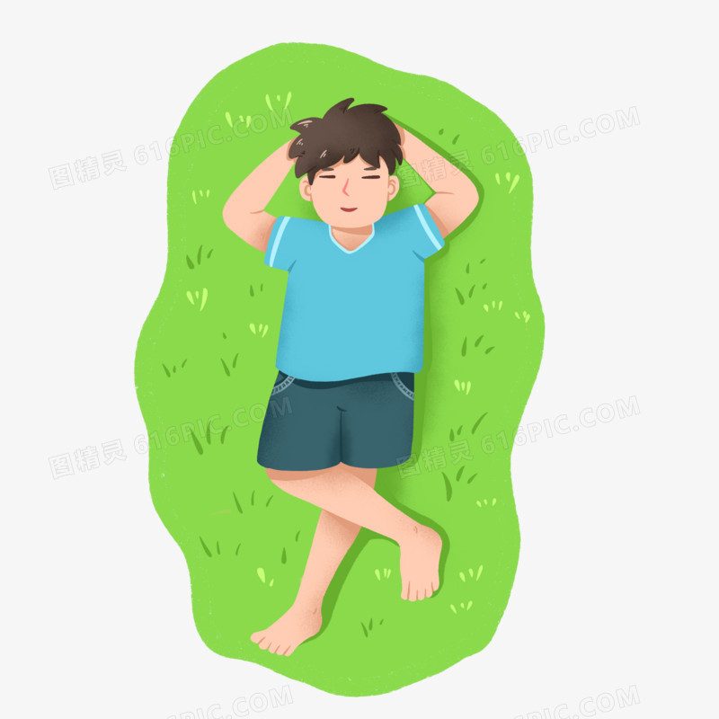卡通手绘躺在草地上的男孩免抠元素