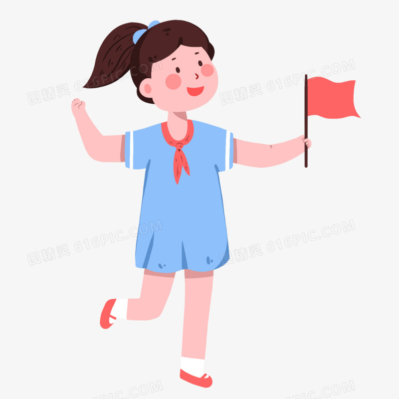 卡通手绘女孩拿着旗帜庆祝免抠元素