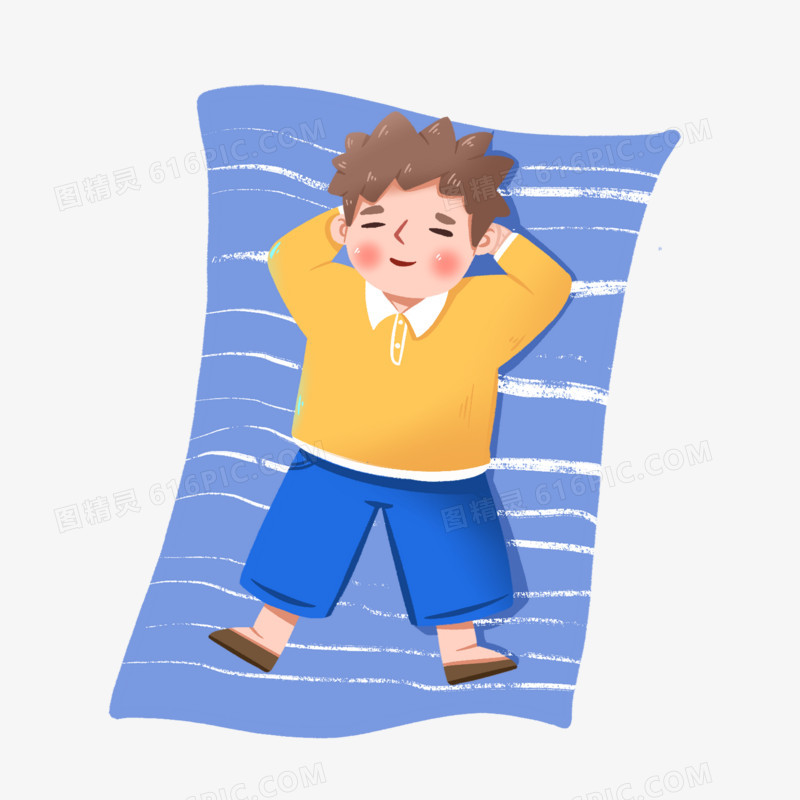 卡通手绘男孩躺蓝色垫子上睡觉免抠素材
