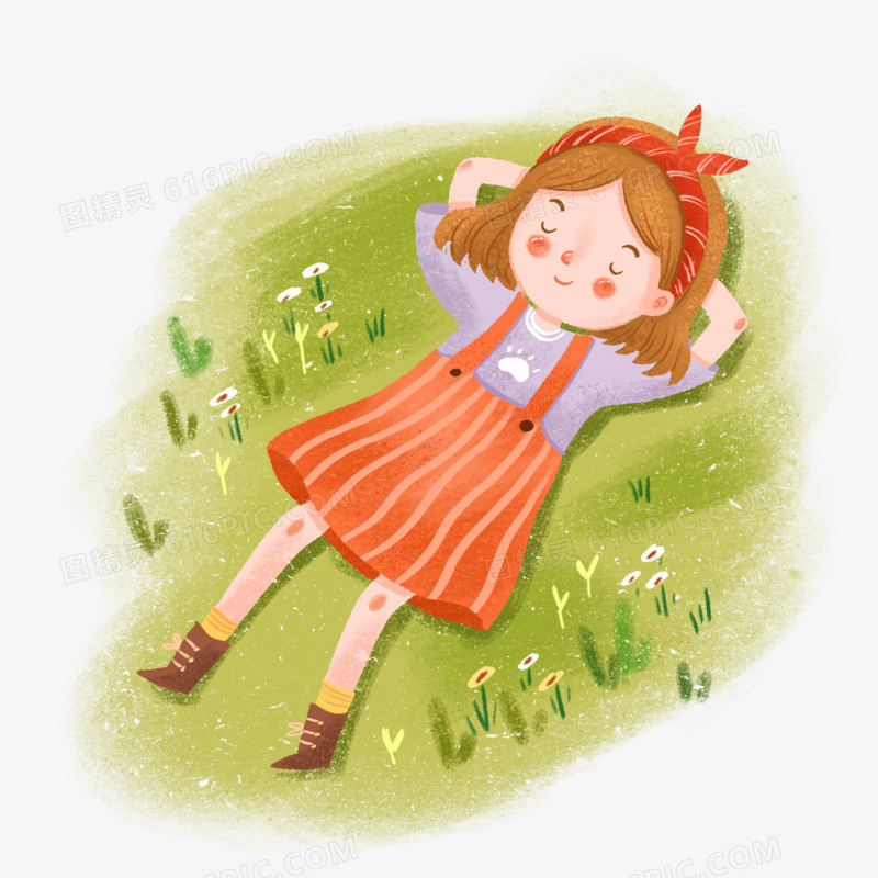 手绘卡通躺在草地上的女孩插画免抠元素