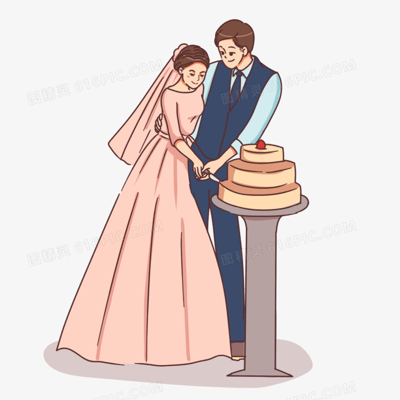 手绘卡通新人婚礼切蛋糕素材
