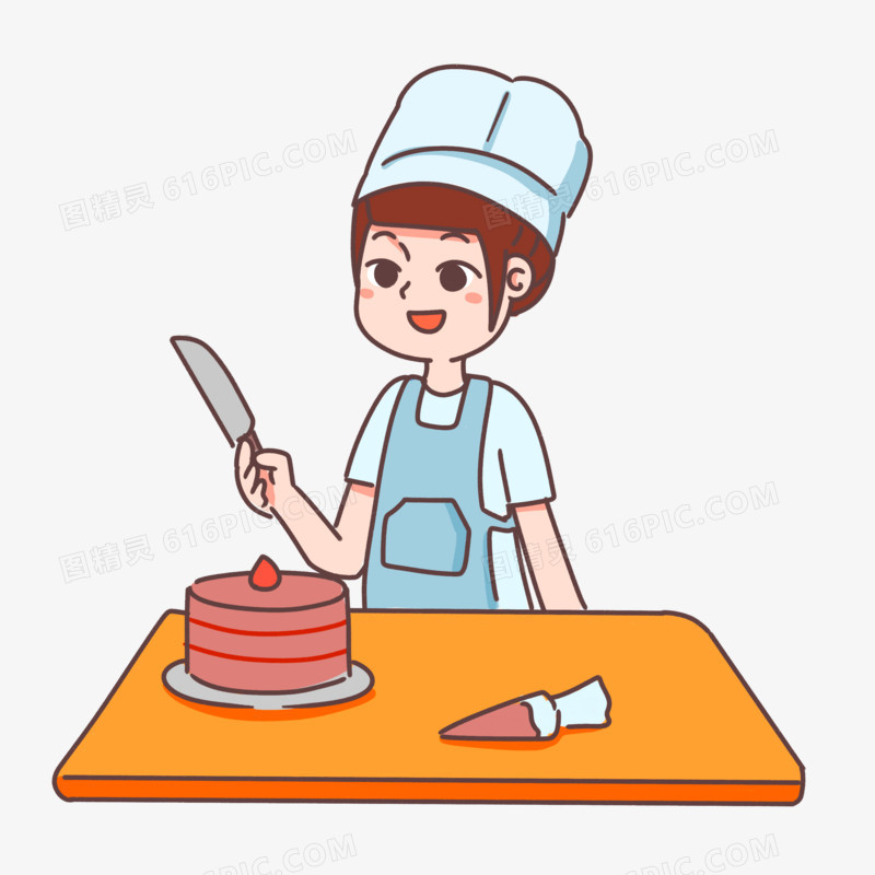 手绘卡通甜点师切蛋糕素材