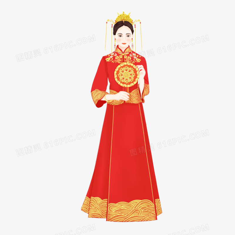 手绘卡通新娘中式婚纱素材