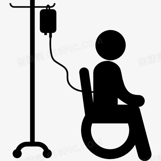 病人坐在轮椅盐水通过剪影图标