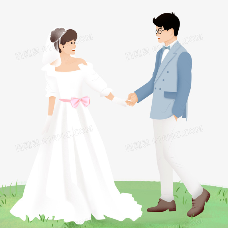 手绘卡通新人结婚拍婚纱照元素
