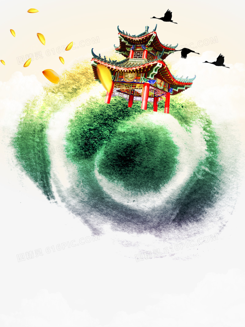 亭子森林大雁白云装饰中国风背景
