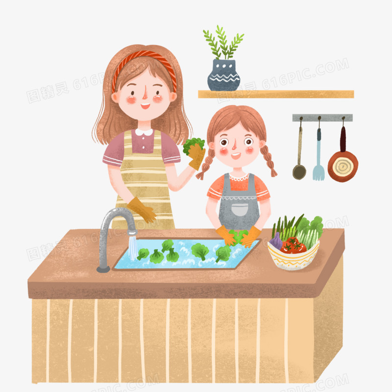 手绘卡通妈妈教小女孩洗菜插画免抠元素