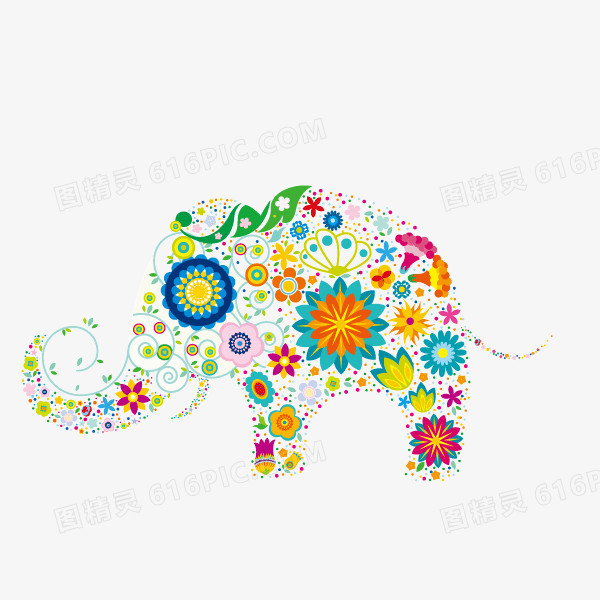 大象 卡通大象 扁平化 花朵 彩色 拼接 装饰图案