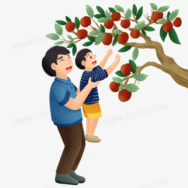 手绘插画风爸爸抱孩子摘苹果元素