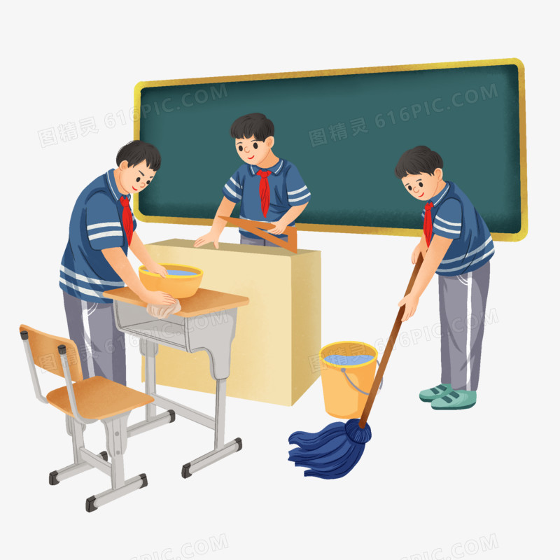 手绘插画新学期打扫教室元素
