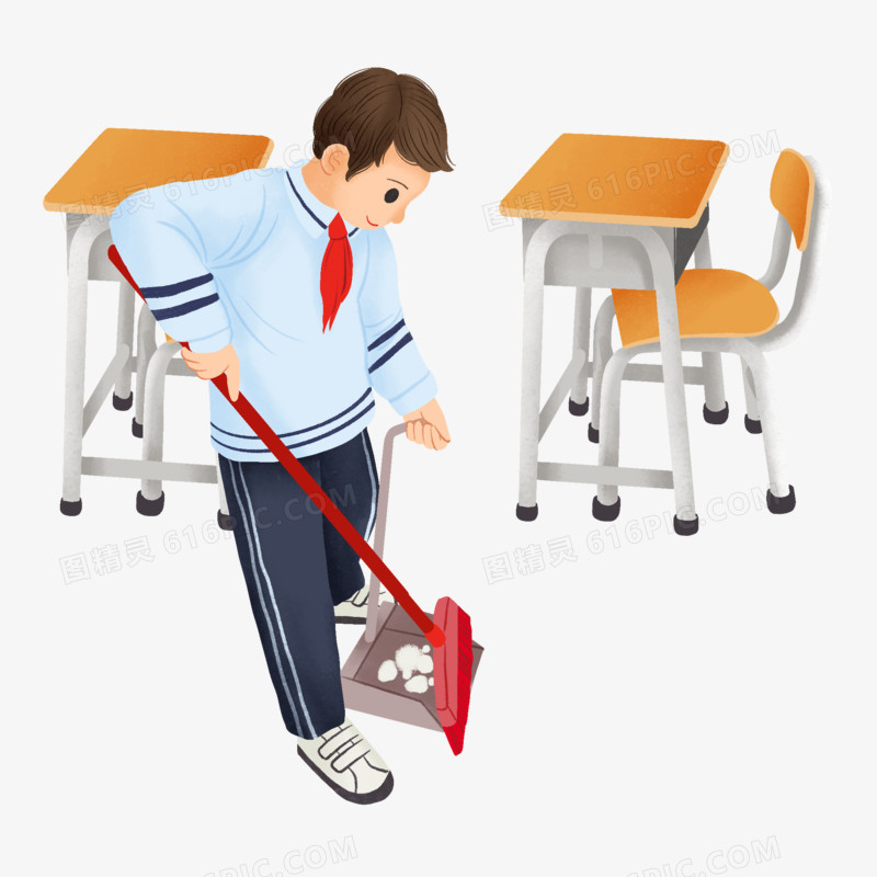 手绘插画风学生打扫教室卫生元素