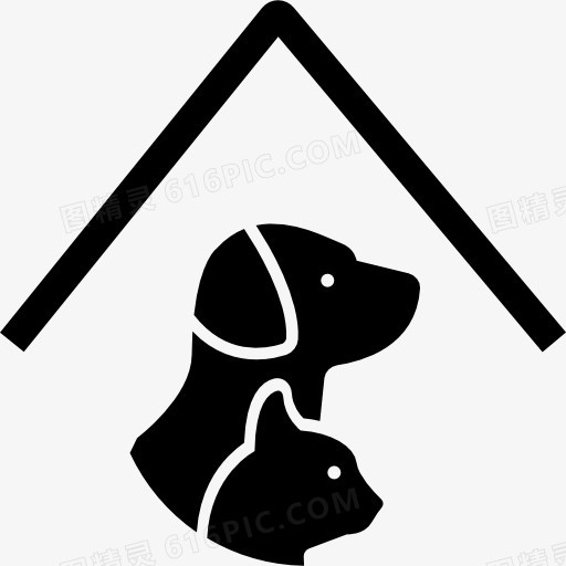 宠物酒店标志与一只狗和一只猫在屋顶线图标