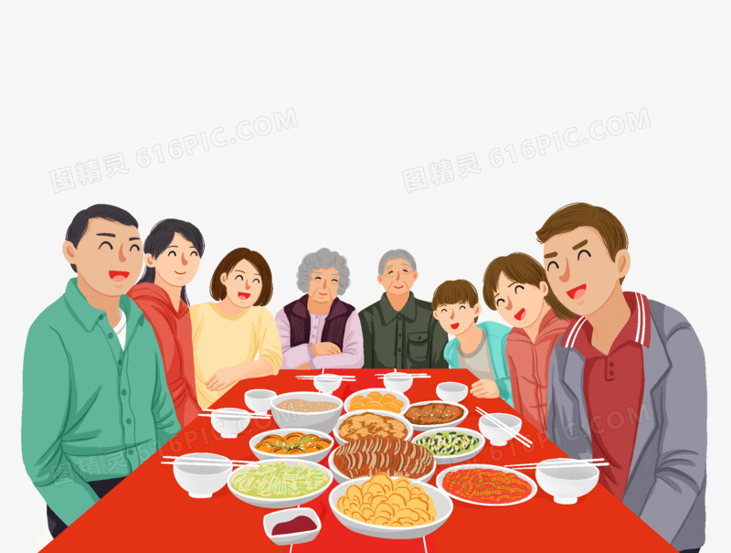 手绘插画风一家团聚聚餐吃饭元素