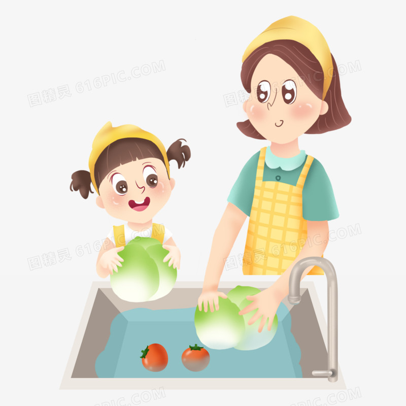 手绘卡通母女洗菜插画元素