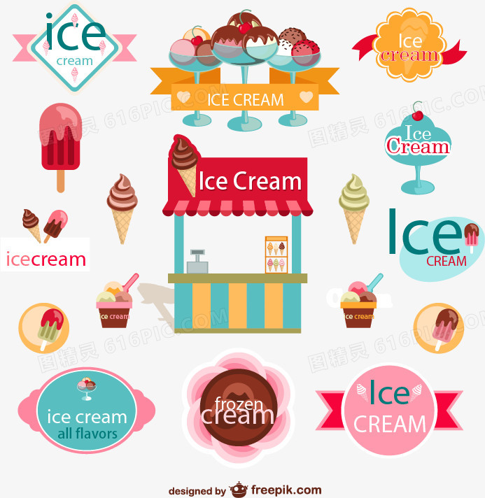 彩色冰淇淋元素标签矢量素材,