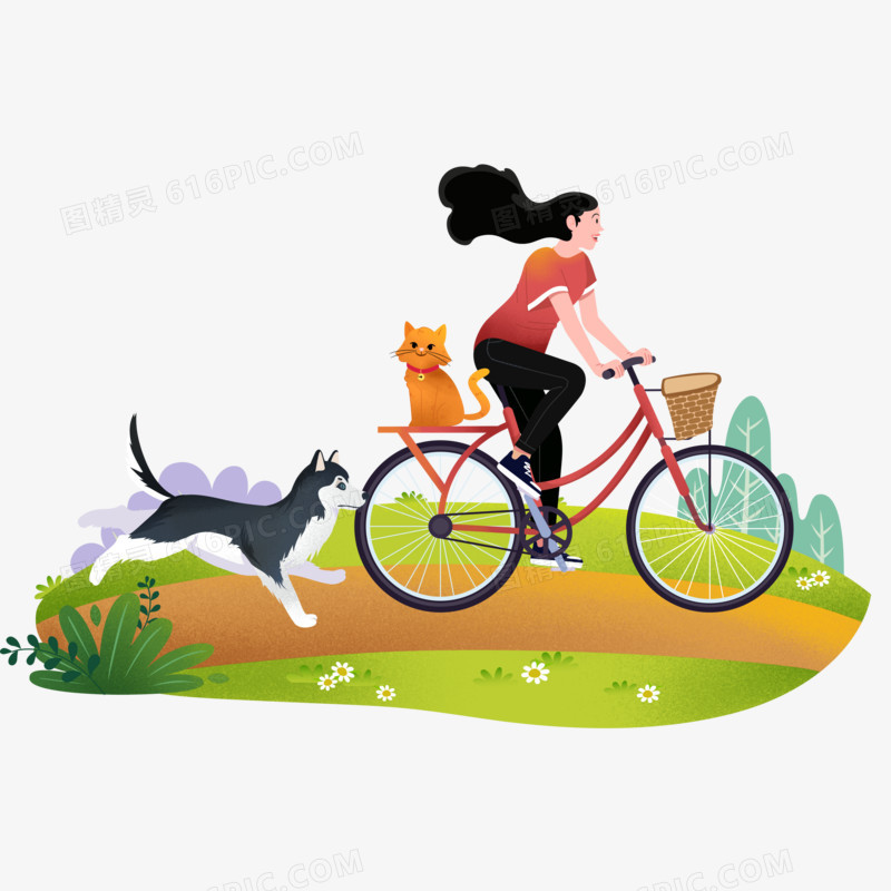 手绘卡通主人带着宠物在草坪玩耍免抠元素