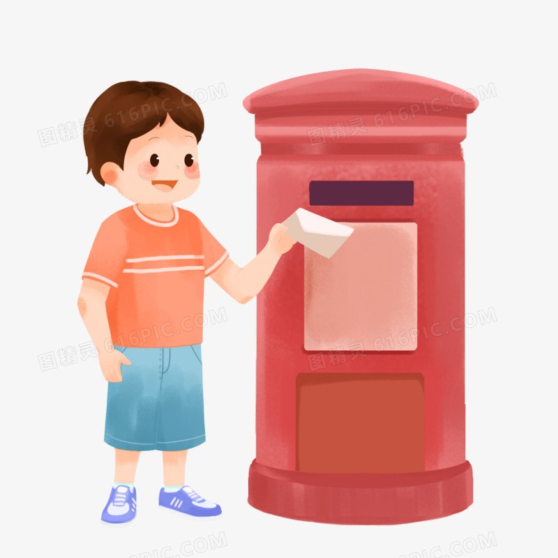 卡通手绘男孩拿着信件寄信元素