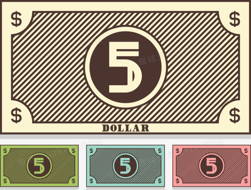 复古5美元钞票的矢量插图