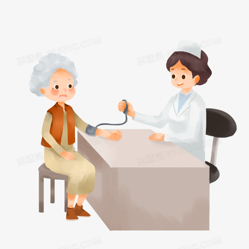 卡通手绘医生给老奶奶测血压免抠元素