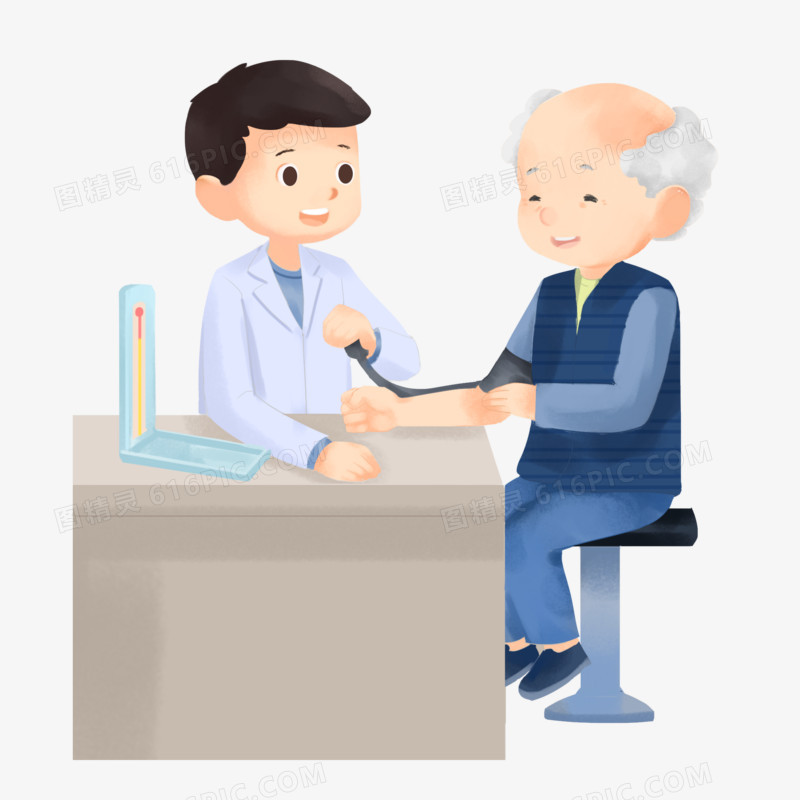 卡通手绘医生给老人测量血压元素