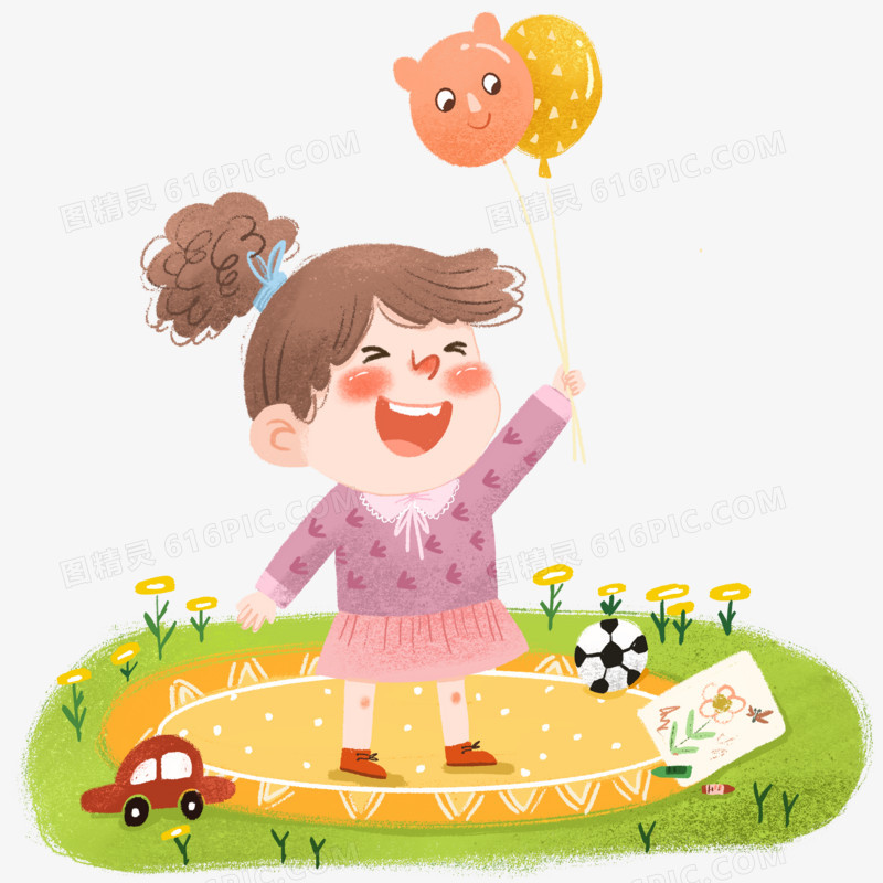 手绘卡通拿着气球的小女孩插画免抠元素