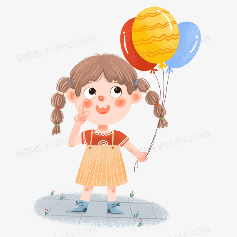 手绘卡通拿着气球的小女孩插画免抠元素