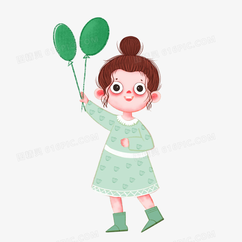 卡通手绘小女孩拿着气球免抠元素