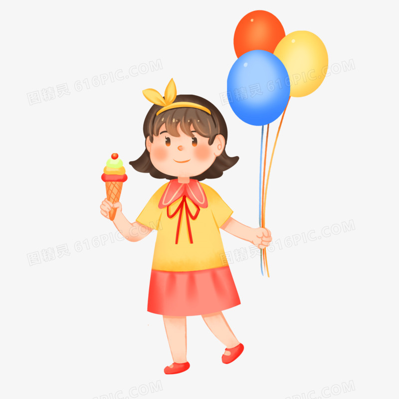 手绘卡通小女孩拿着冰激凌和气球免抠素材