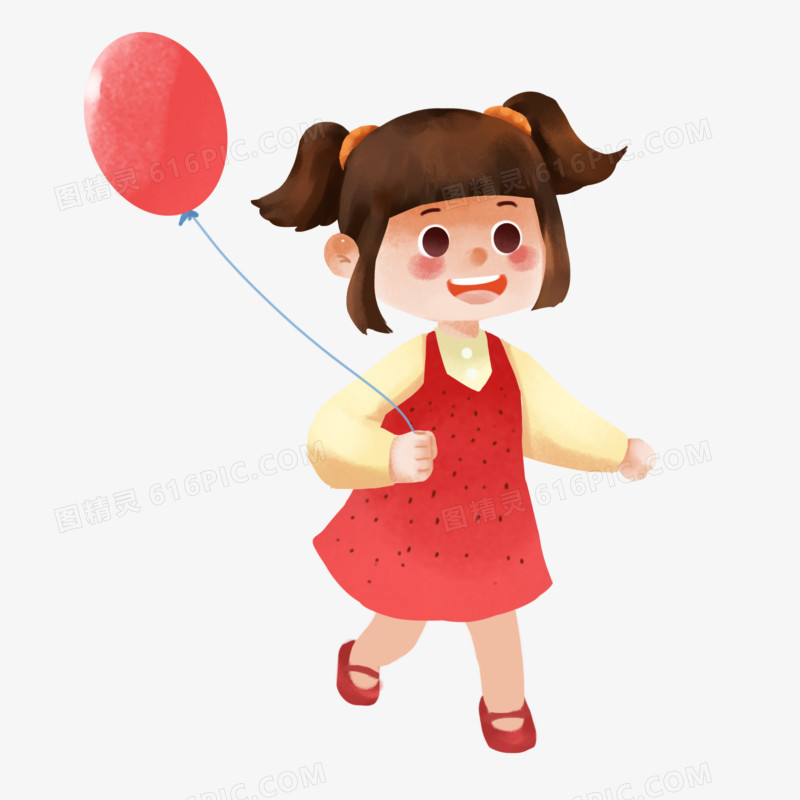 卡通手绘手拿气球的小女孩免抠元素