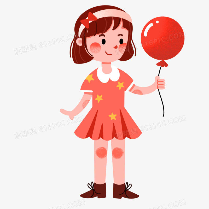 手绘卡通可爱拿气球小女孩免抠元素