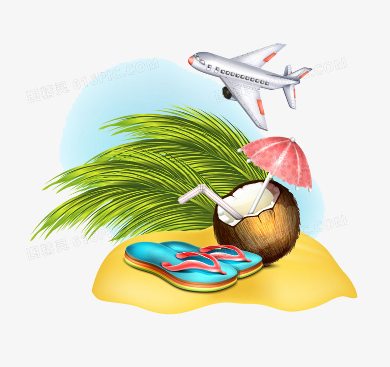 飞机下的人字拖和椰子插画