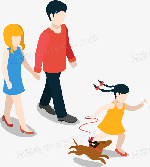 一家人散步遛狗矢量