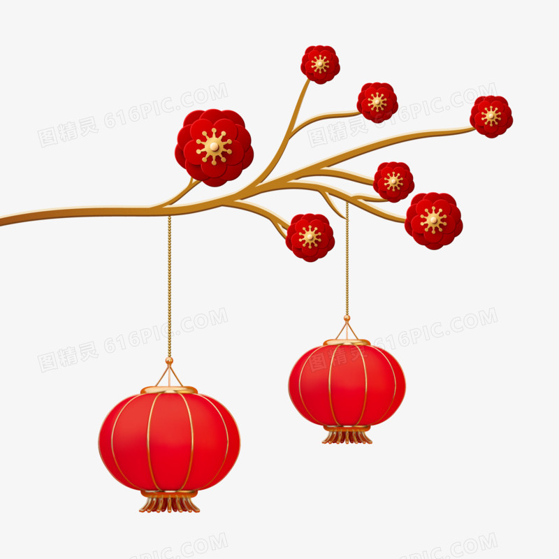 手绘红色新年树枝挂饰素材